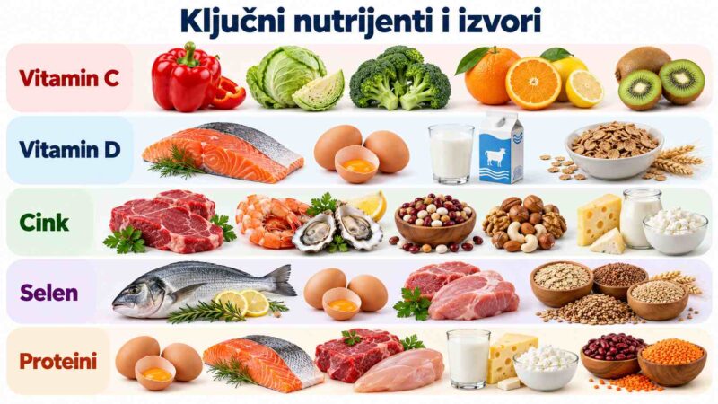 Infografik sa izvorima vitamina C i D, cinka, selena i proteina u svakodnevnoj ishrani.
