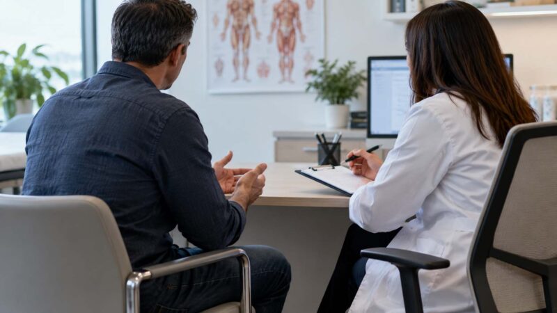 Muškarac razgovara sa doktorkom tokom konsultacije u ordinaciji, a oboje su okrenuti leđima kameri.